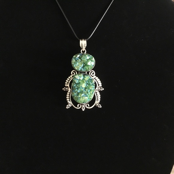 GREEN DRUZY LARGE STERLING SILVER PENDANT WITH FREE BLACK SILK CHAIN W/EXTENDER - Picture 5 of 7